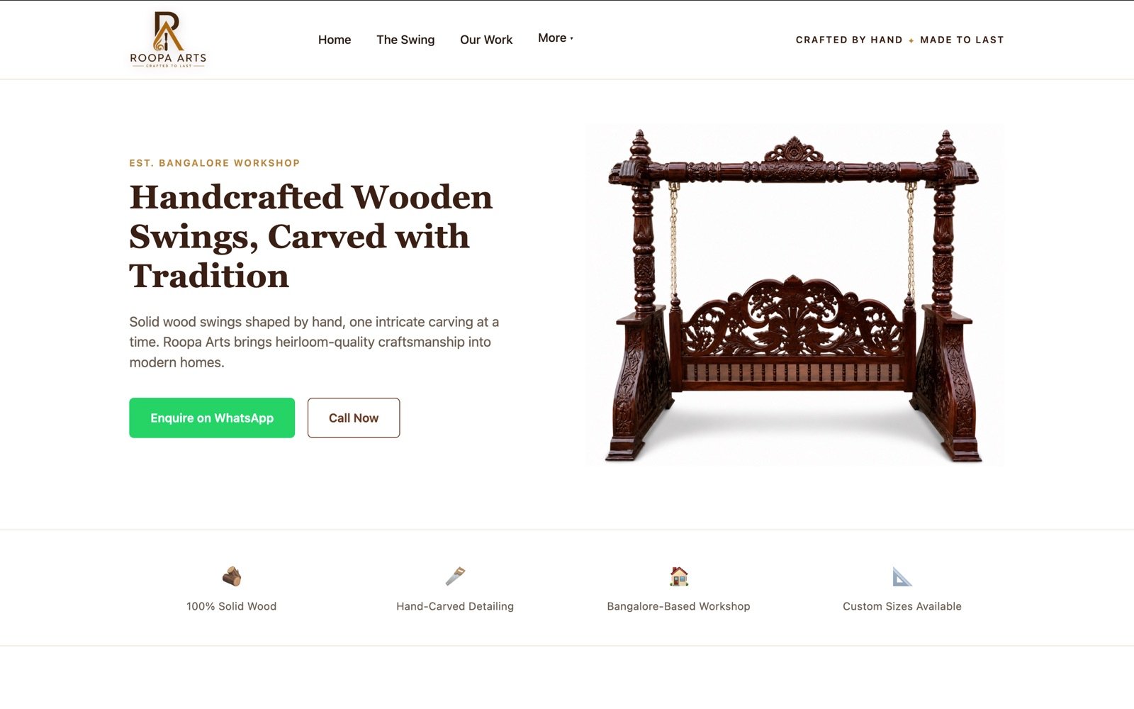 Roopa Arts homepage, showing a hand-carved wooden swing product photo